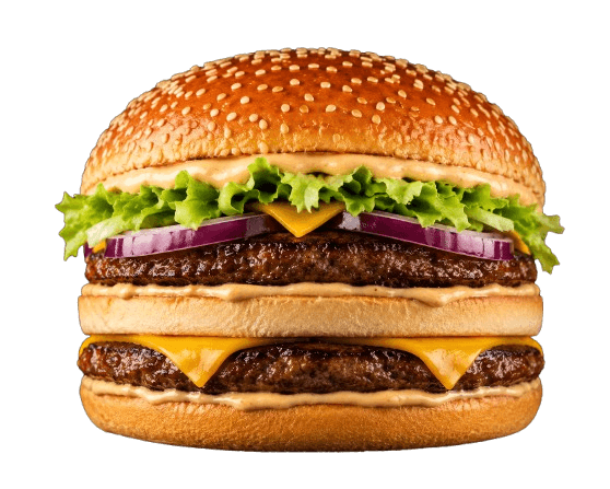 Biggy — 2 steaks 45 g, cheddar, salade, oignons, cornichons, sauce Biggy — tranche de pain intermédiaire entre les steaks