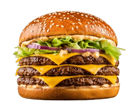 Triple Beef — 3 steaks 80 g, cheddar, iceberg, oignons rouges, sauce